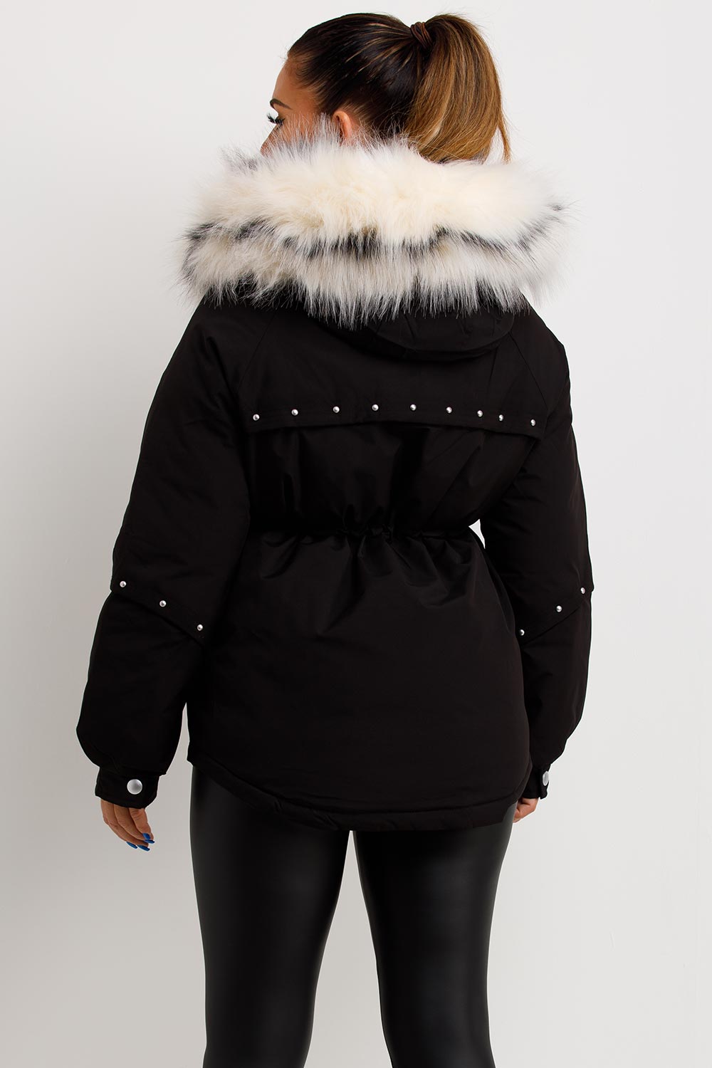womens white faux fur hood coat with drawstring waist