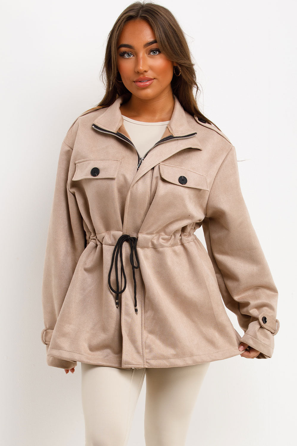 Faux Suede Jacket With Drawstring Waist Beige Zara Women's