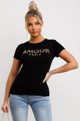 womens black t shirt with gold buttons and  diamante amour paris slogan