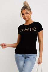 womens black t shirt with chic diamante detail