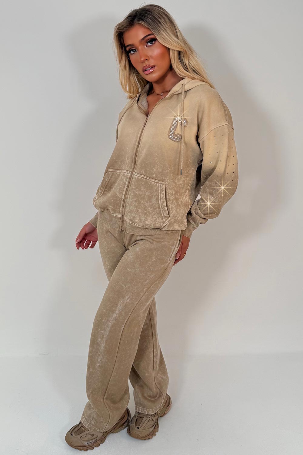 womens sparkly rhinestone diamante zip up hoodie and jogger tracksuit lounge set zara uk sale styledup fashion