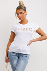 white t shirt with chic slogan diamante detail