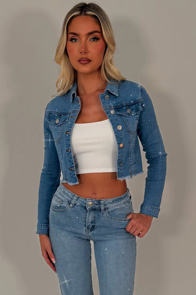 diamante rhinestone crop denim jacket denim blue