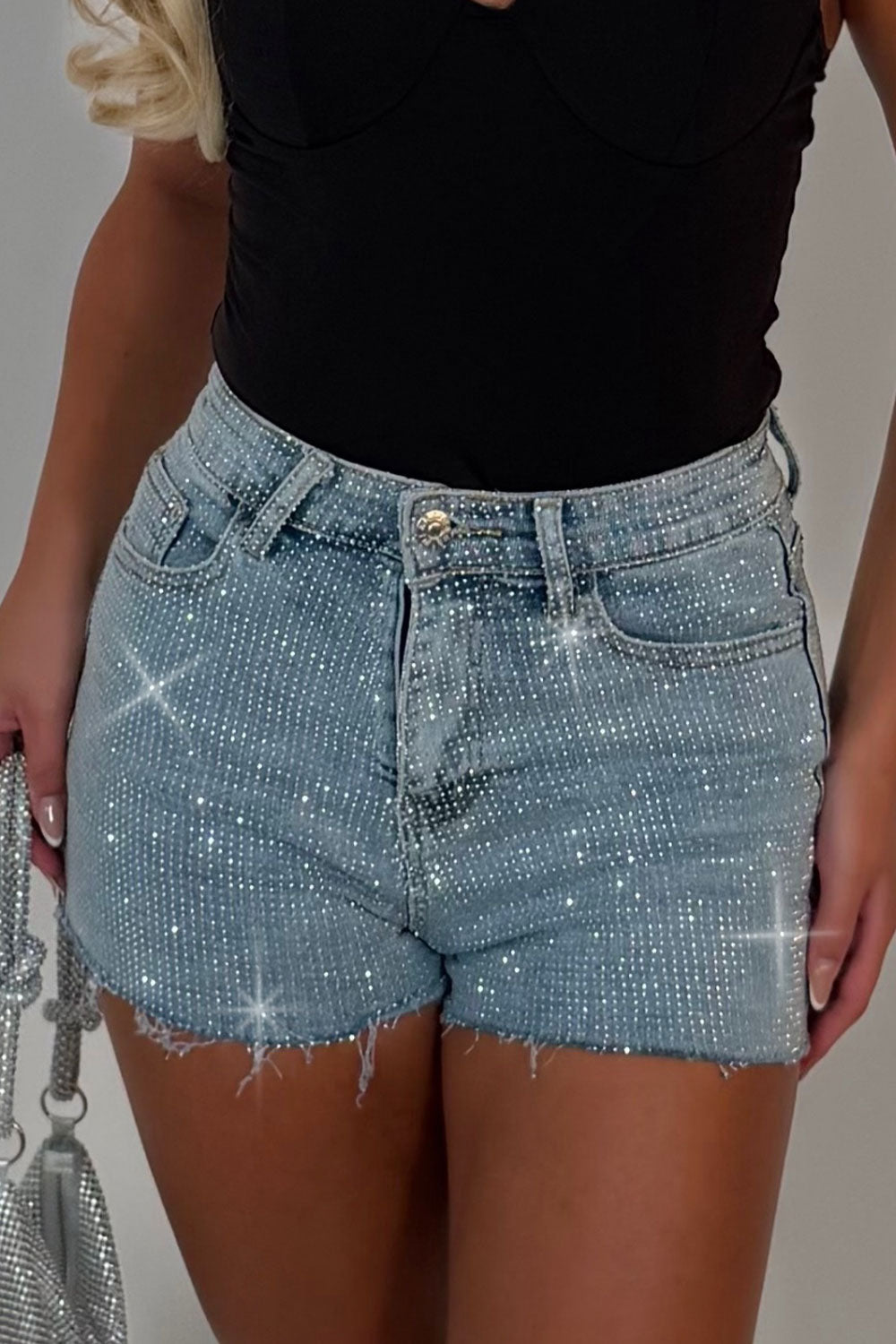 festival rave diamante shorts denim blue