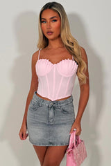 denim mini skirt with contrast pink pocket diamante rhinestone applique womens