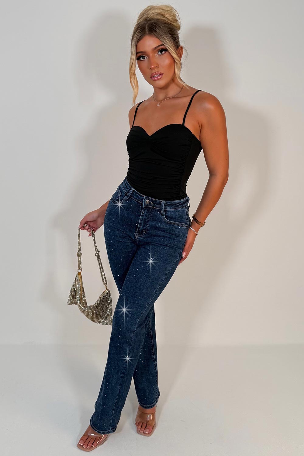 rhinestone diamante wide leg high waist jeans zara womens uk