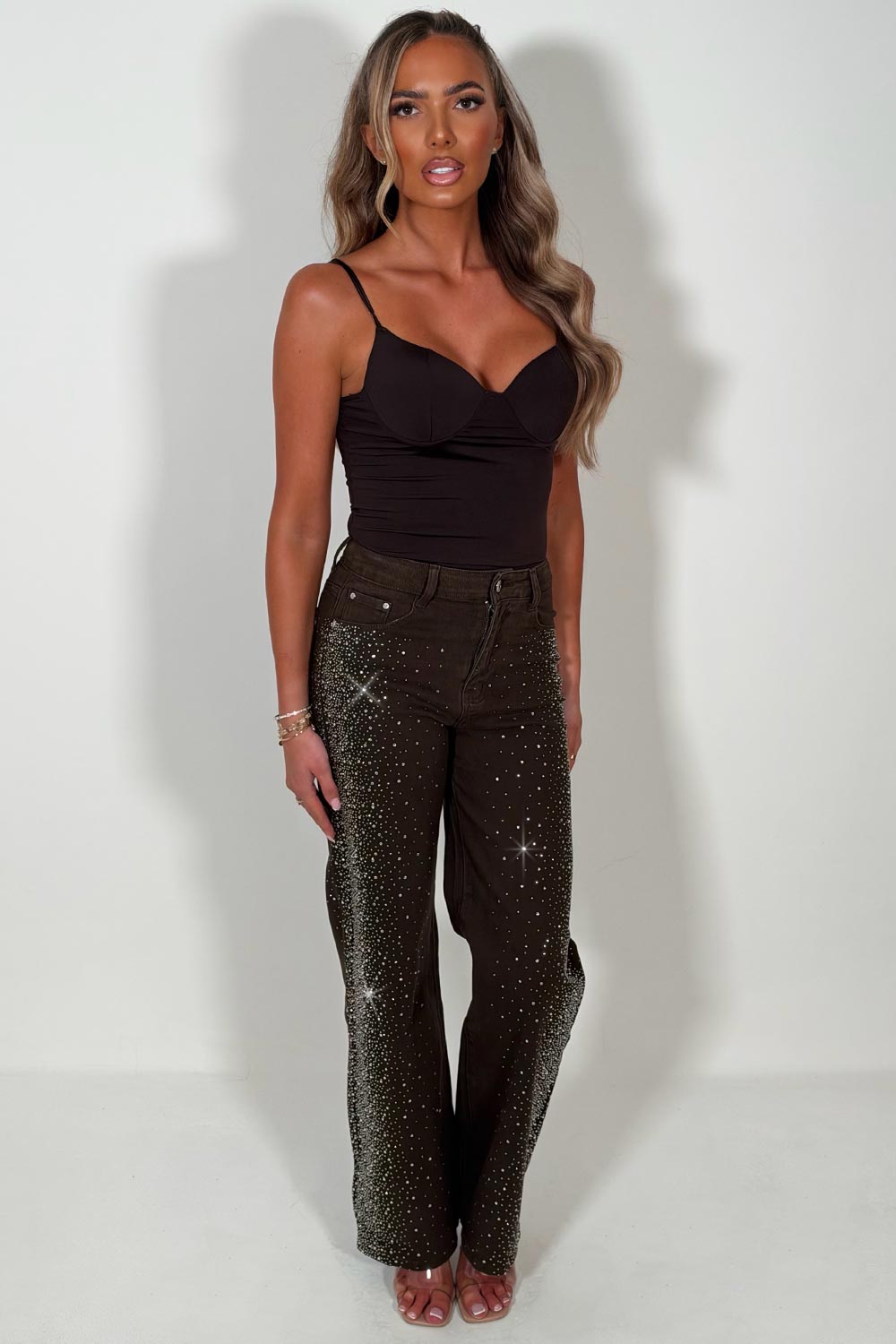 diamante rhinestone relaxed oversize denim brown jeans womens uk