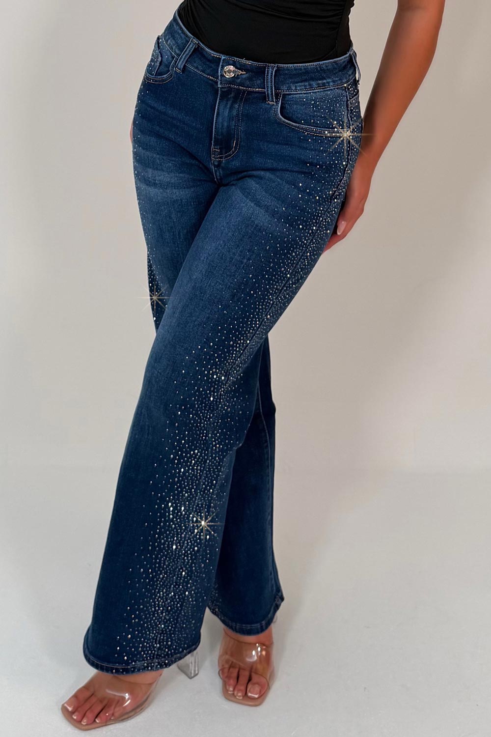 diamante rhinestone wide leg high waisted jeans womens dark wash denim blue night out christmas party outfit uk