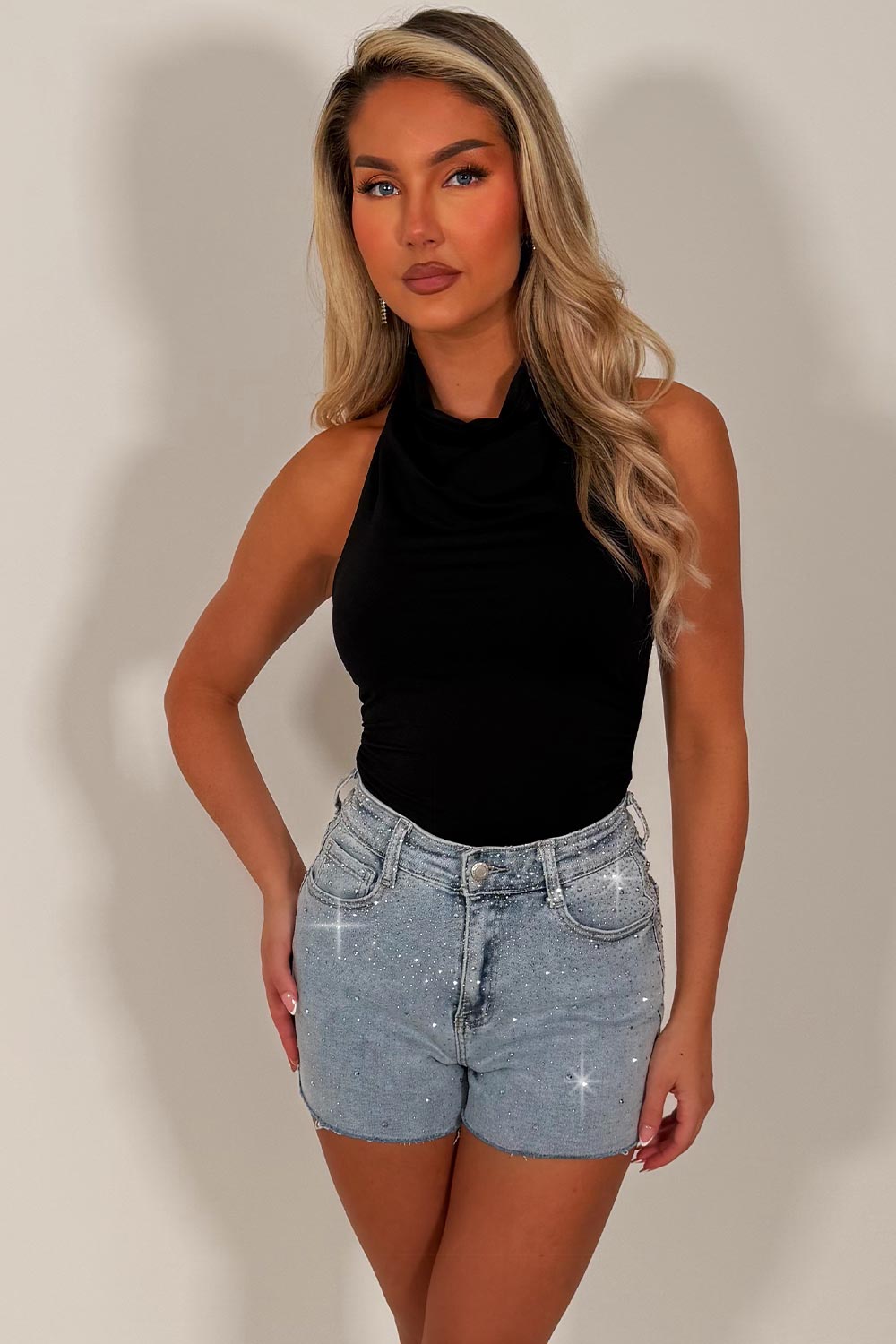 denim blue diamante shorts for womens zara uk sale
