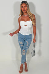 denim blue diamante rhinestone jeans ripped skinny fit womens 