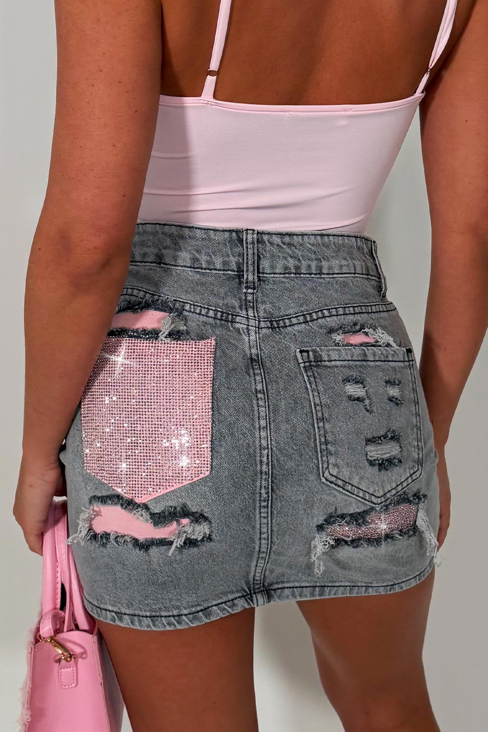 diamante rhinestone pocket denim mini skirt womens uk