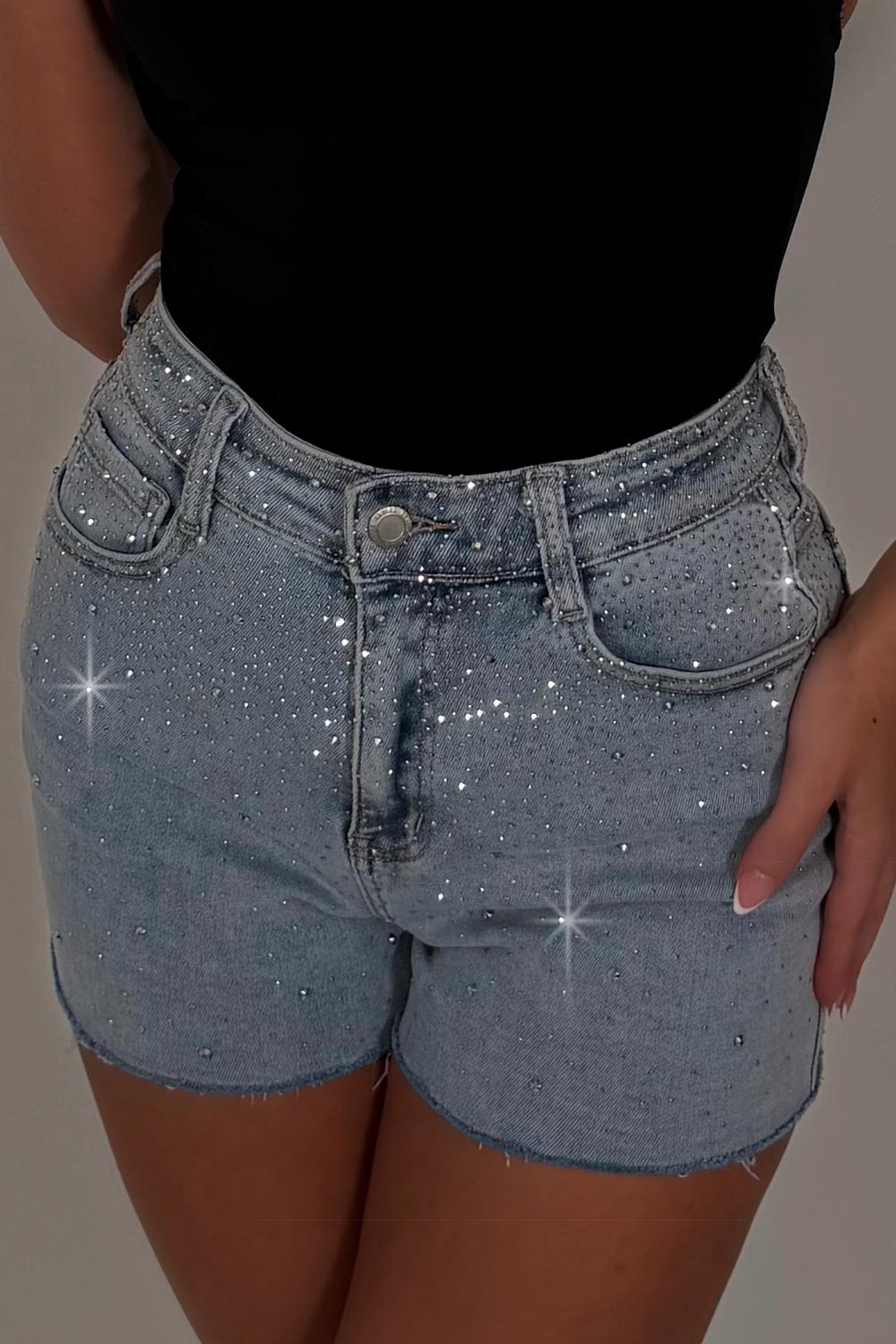 diamante rhinestone denim blue shorts womens summer holiday outfit styledup uk