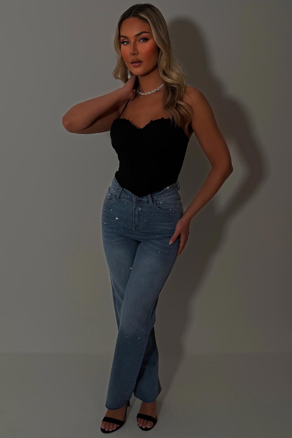 rhinestone diamante wide leg high waist jeans zara womens uk 