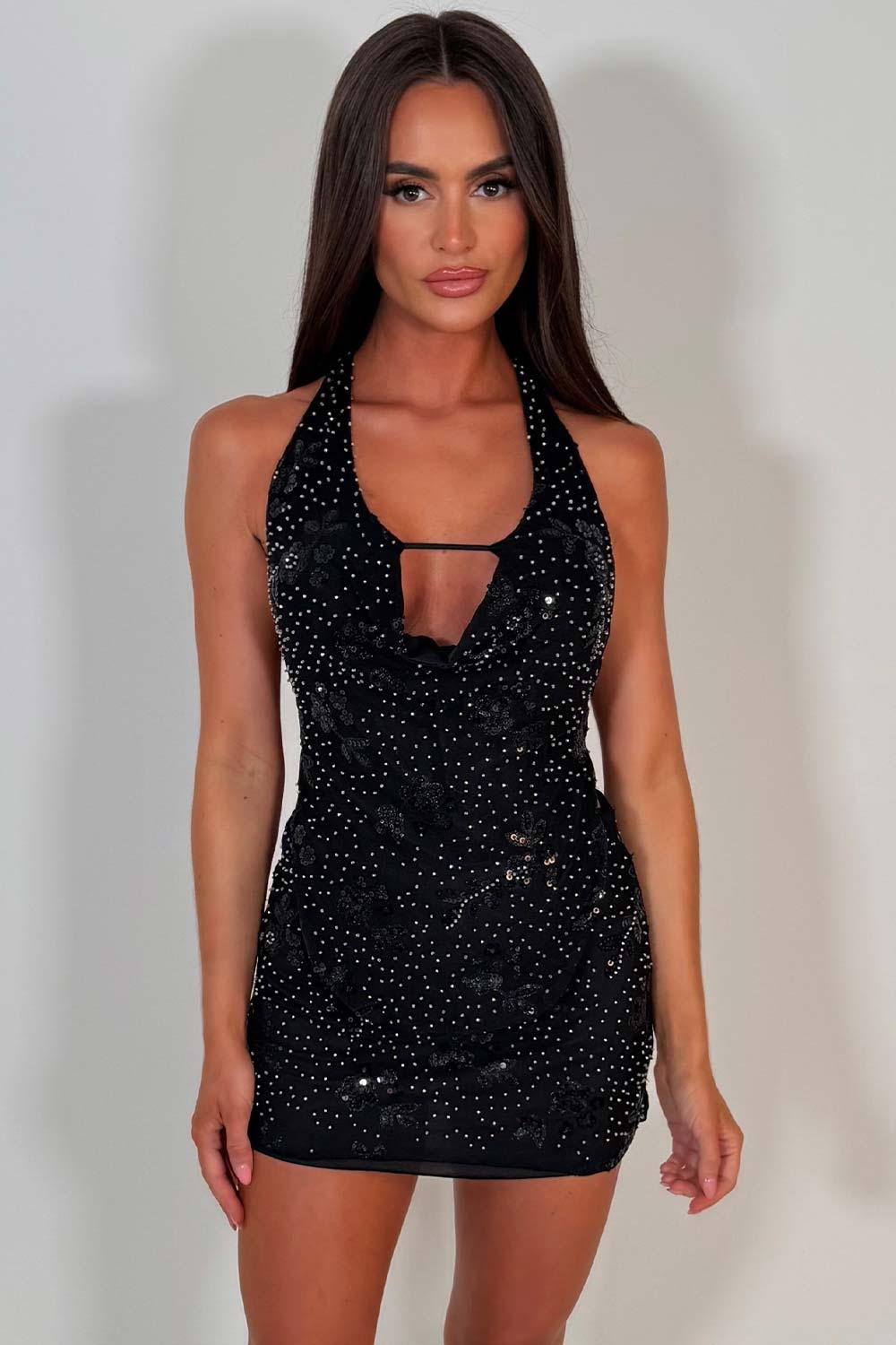 diamante rhinestone sequin skirt and backless halter cowl neck top two piece co ord set styledup christmas party outfit 