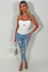 rhinestone diamante skinny high waist ripped jeans zara womens uk 