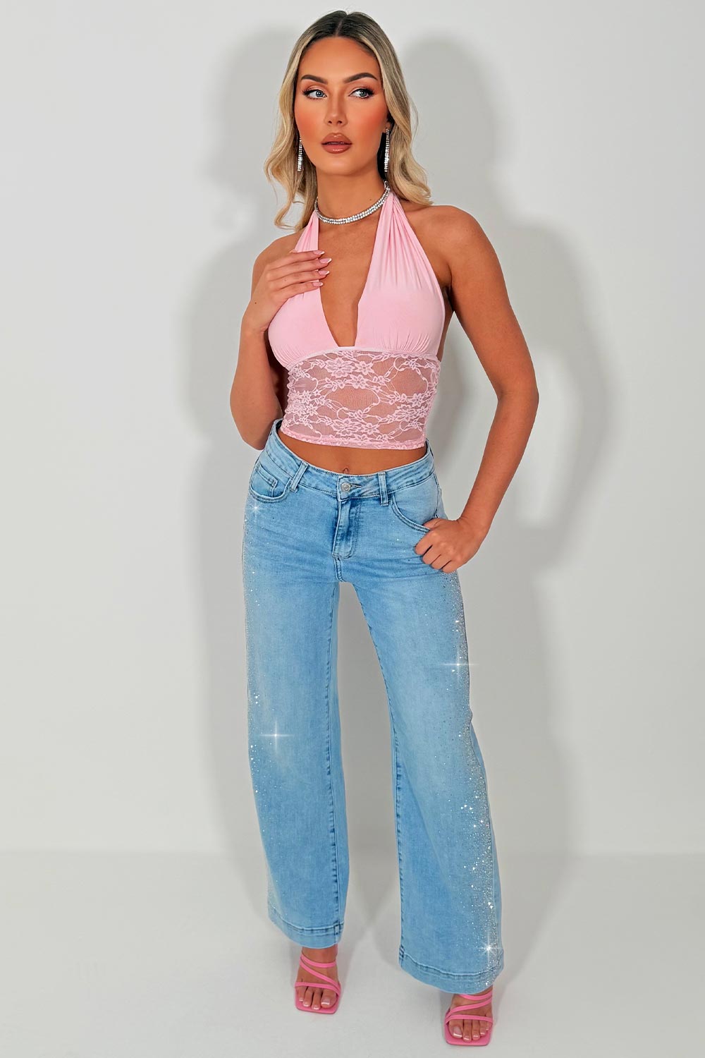 rhinestone diamante wide leg high waist jeans zara womens uk 