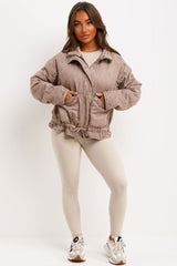 womens zara quilted jacket with long sleeves and drawstring waist styledup