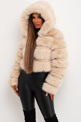 womens fur panel hooded coat short