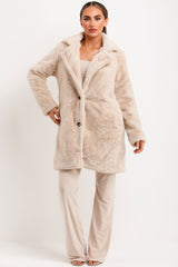 womens faux fur coat with belt and collar longline styledup