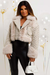 faux fur cropped jacket with sequin embellishment