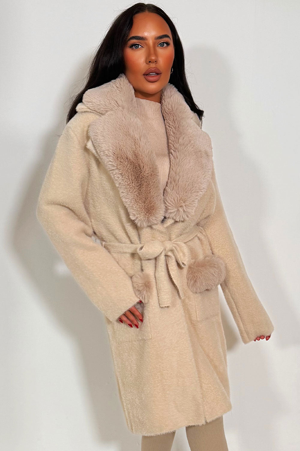 womens faux fur collar faux fur cuff belted coat christmas outerwear 