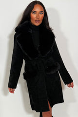 womens faux fur collar faux fur cuff belted coat christmas outerwear 