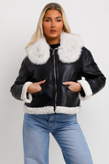 womens faux fur collar crop aviator jacket