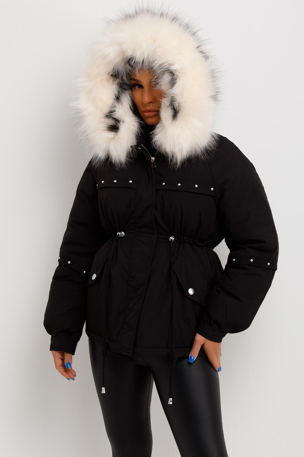 womens coat with faux fur hood and drawstring uk