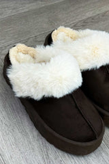 faux fur faux suede platform slippers in brown