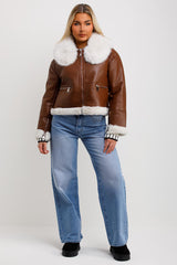 womens faux fur collar crop aviator jacket zara uk