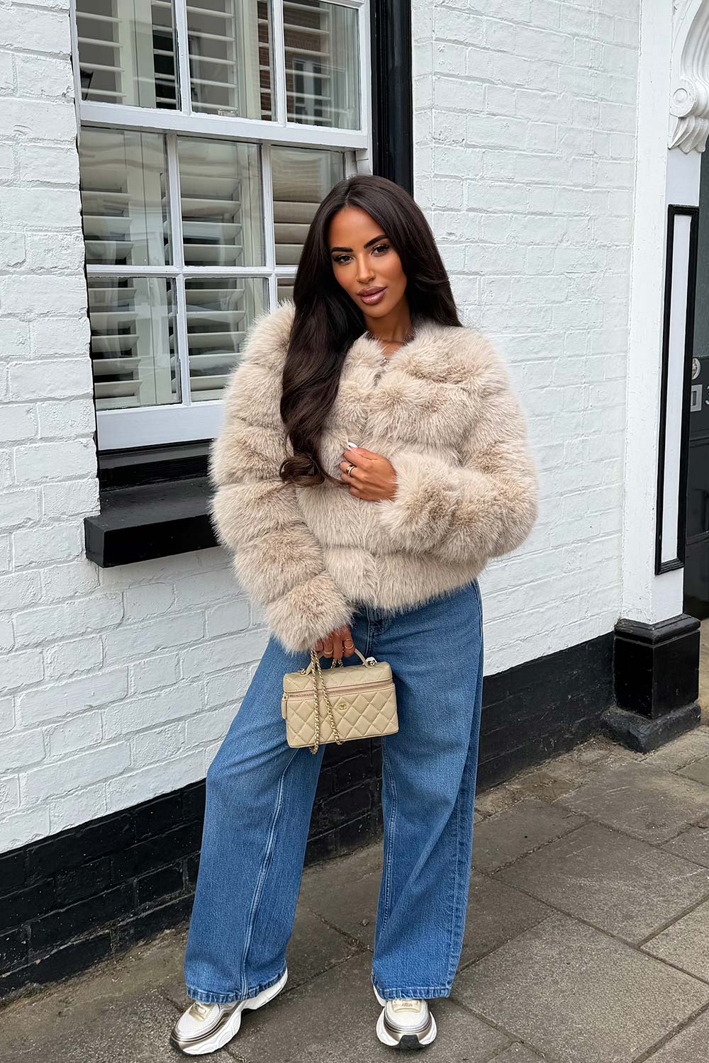 beige faux fur bubble coat cropped uk