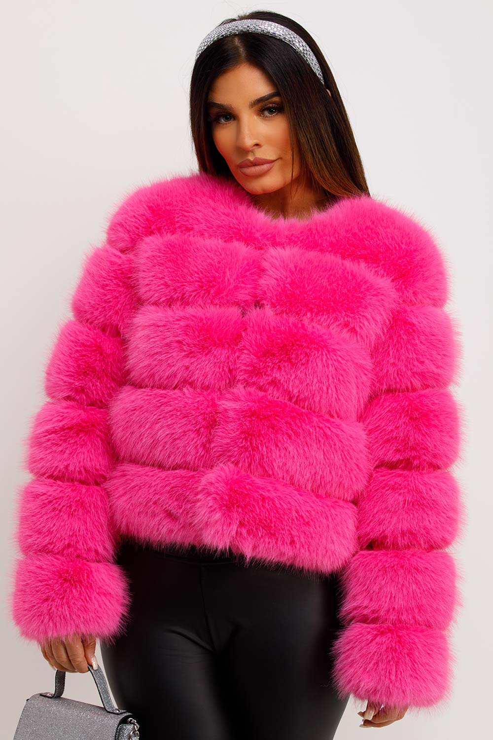 womens pink faux fur coat bubble
