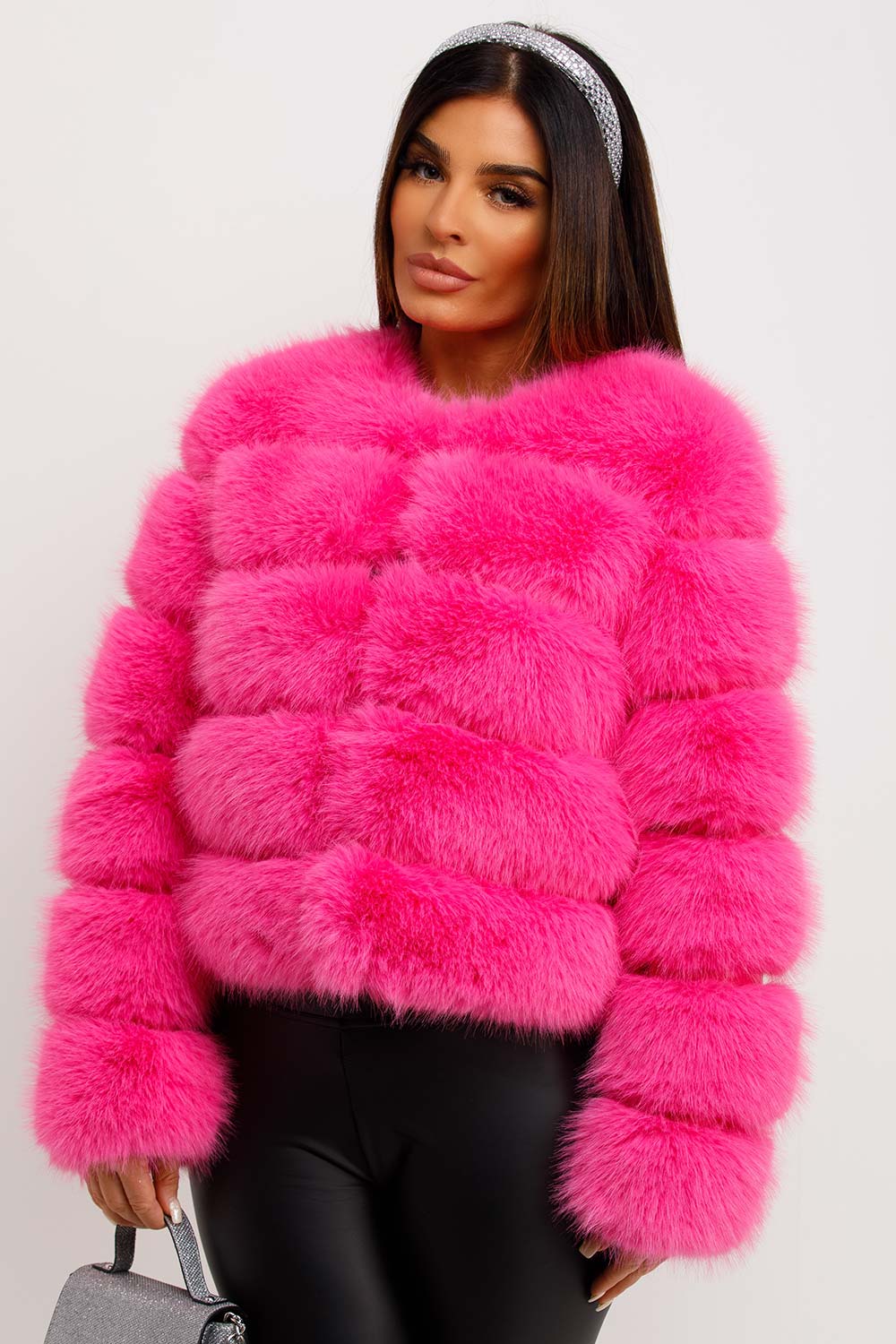 cropped fur coat neon pink