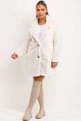 white fur coat with belt and button fastening for womens