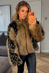 womens contrast fur plush jacket in camel and black winter outerwear uk