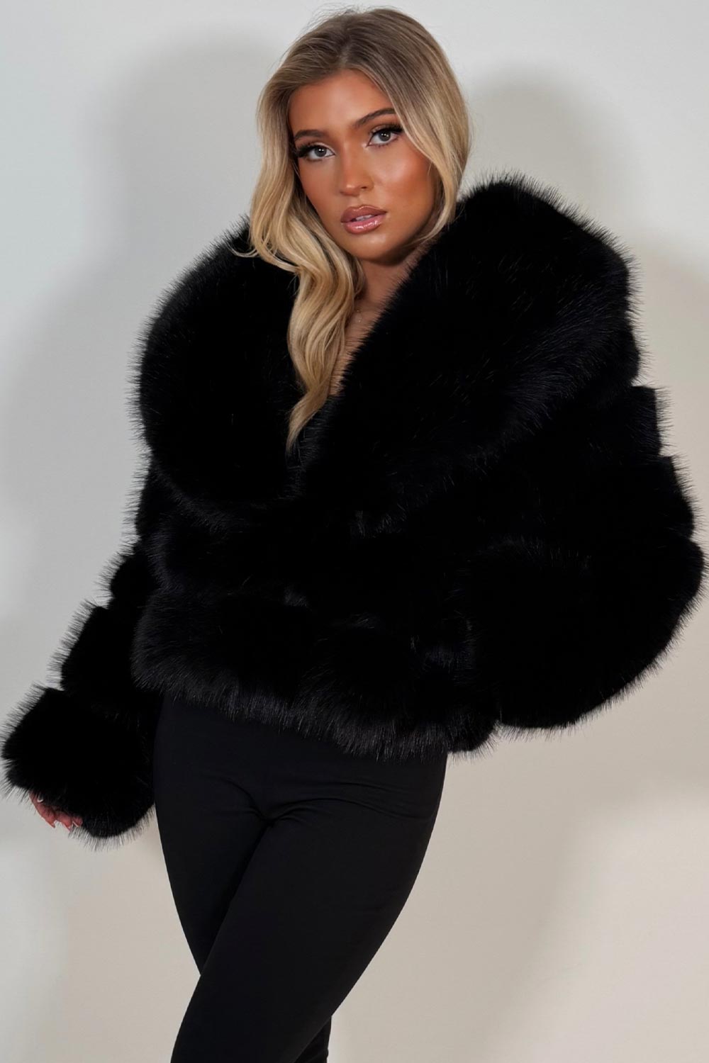 womens faux fur bubble panelled cropped jacket for winter