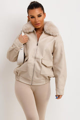 womens faux leather jacket with faux fur collar 