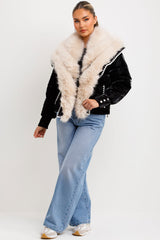 faux fur coat with fur collar and trim contrast embroidery womens outerwear