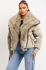 faux fur coat with fur collar and trim contrast embroidery womens outerwear