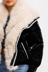 padded puffer coat with faux fur collar and trim