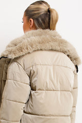 faux fur collar and trim puffer jacket womens outerwear