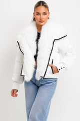 faux fur coat with fur collar and trim contrast embroidery womens outerwear