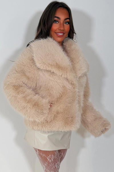 zara womens fur jacket with collar beige styledup