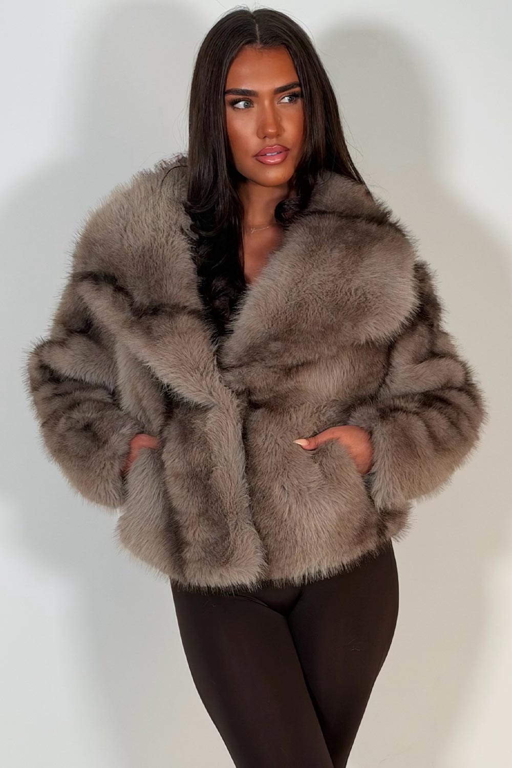 styled up fur jacket in taupe colourway uk
