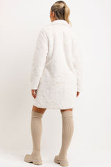 faux fur belted coat with button fastening white