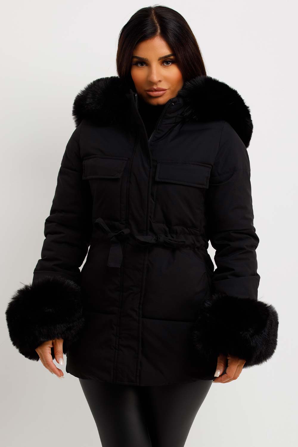 womens puffer padded coat with fur hood and cuff