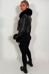 black faux fur cuff collar faux leather bomber jacket womens styled up christmas party jacket outerwear