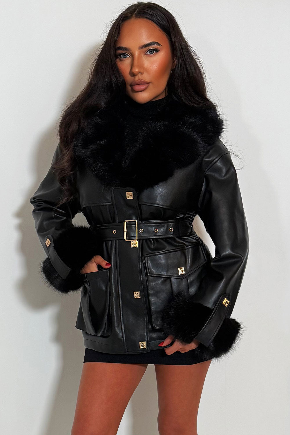 womens faux fur cuff collar faux leather winter jacket with belt faux fur lined for styledup