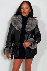 faux leather aux fur cuff collar winter jacket with belt styledup fashion