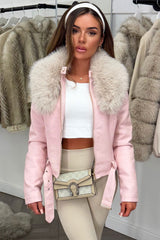 faux fur collar faux leather jacket pink styledup uk